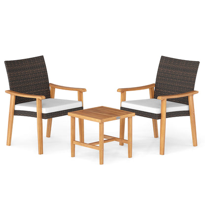 3 Pieces Patio PE Wicker Furniture Set Acacia Wood Outdoor Conversation Bistro Set, White Patio Conversation Sets White at Gallery Canada