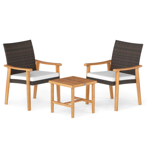3 Pieces Patio PE Wicker Furniture Set Acacia Wood Outdoor Conversation Bistro Set, White