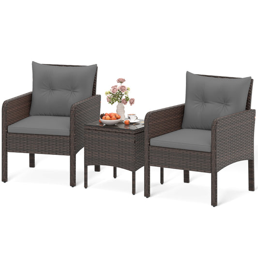 3-Piece Patio PE Wicker Set With Cushions, Gray Patio Conversation Sets Gray at Gallery Canada