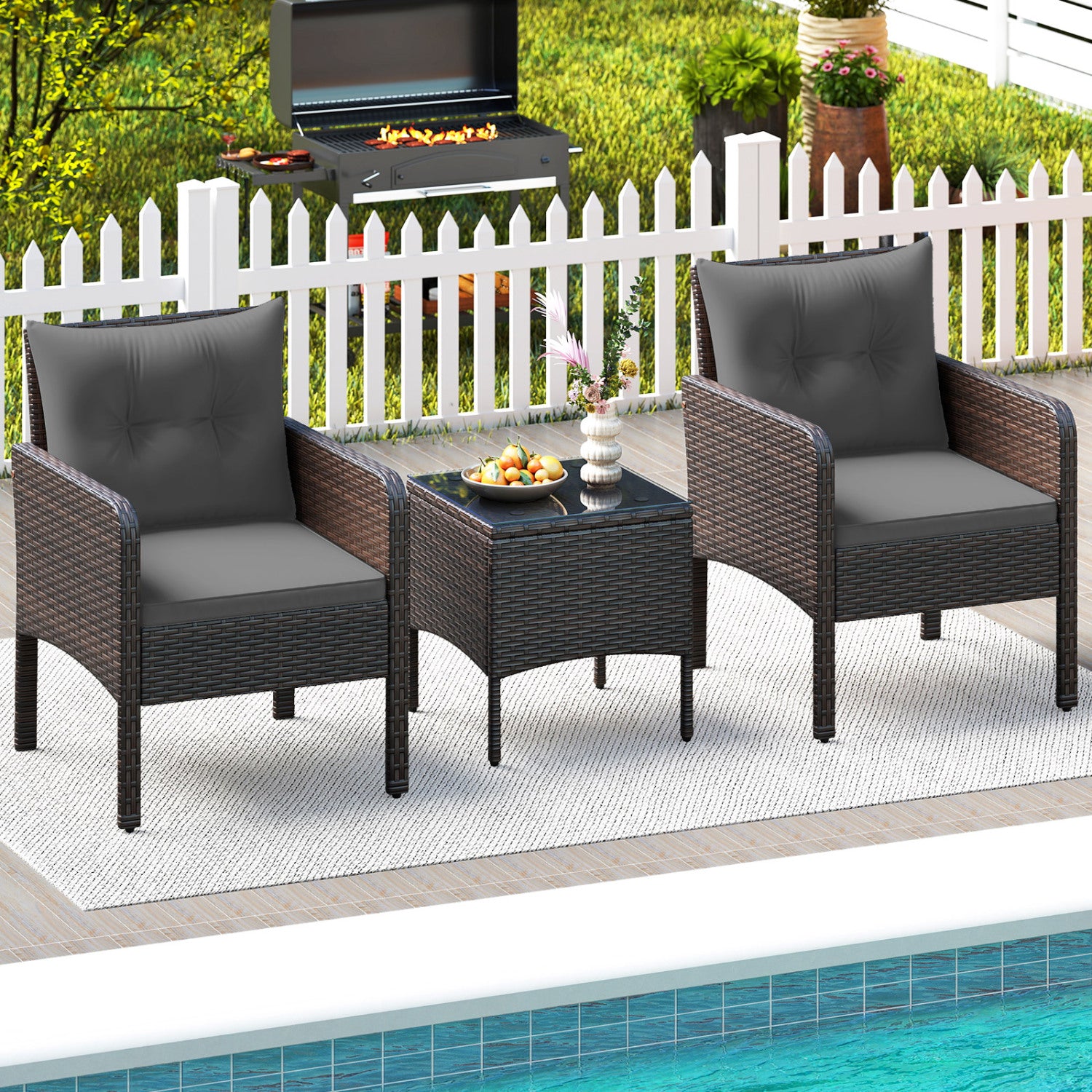 3-Piece Patio PE Wicker Set With Cushions, Gray Patio Conversation Sets at Gallery Canada