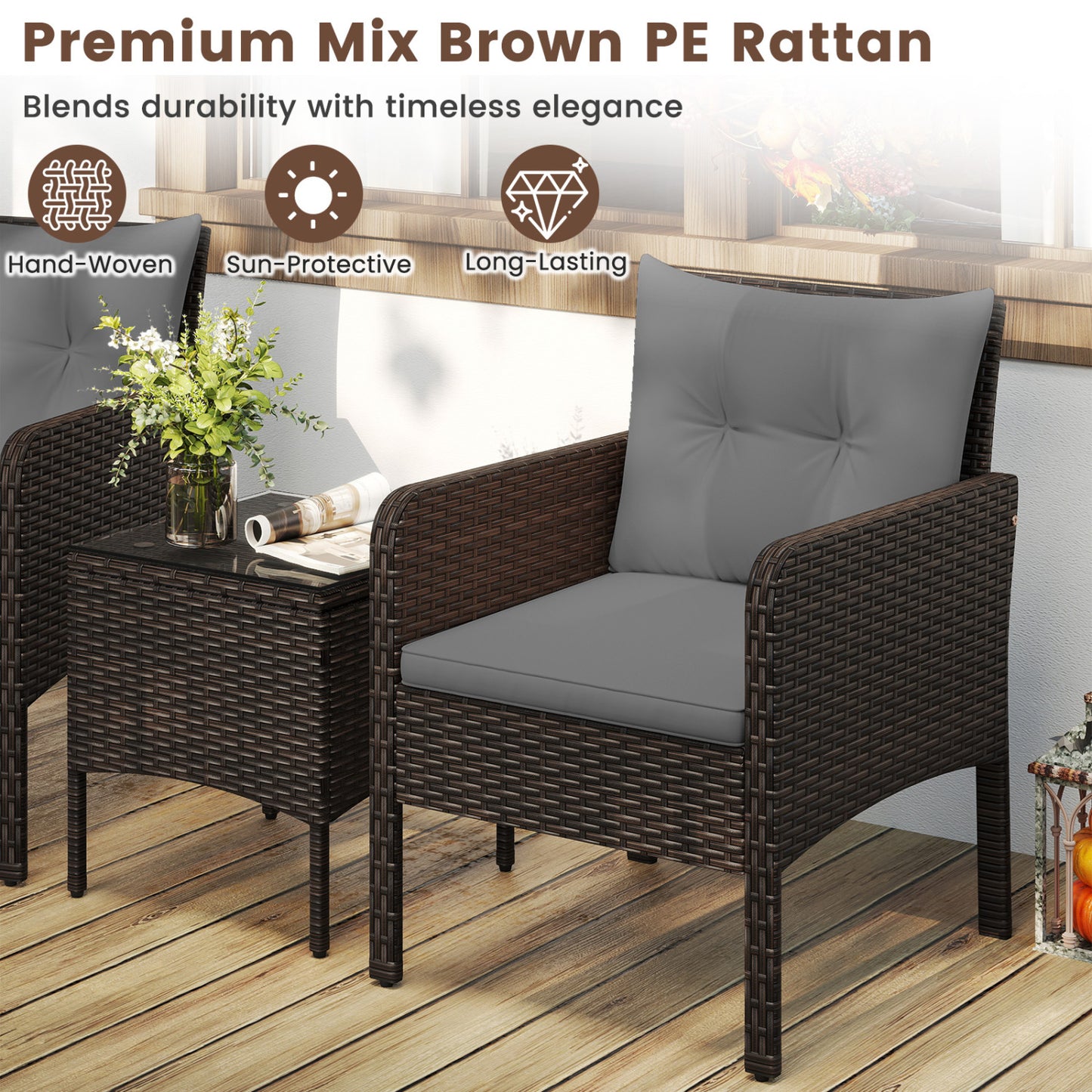 3-Piece Patio PE Wicker Set With Cushions, Gray Patio Conversation Sets at Gallery Canada