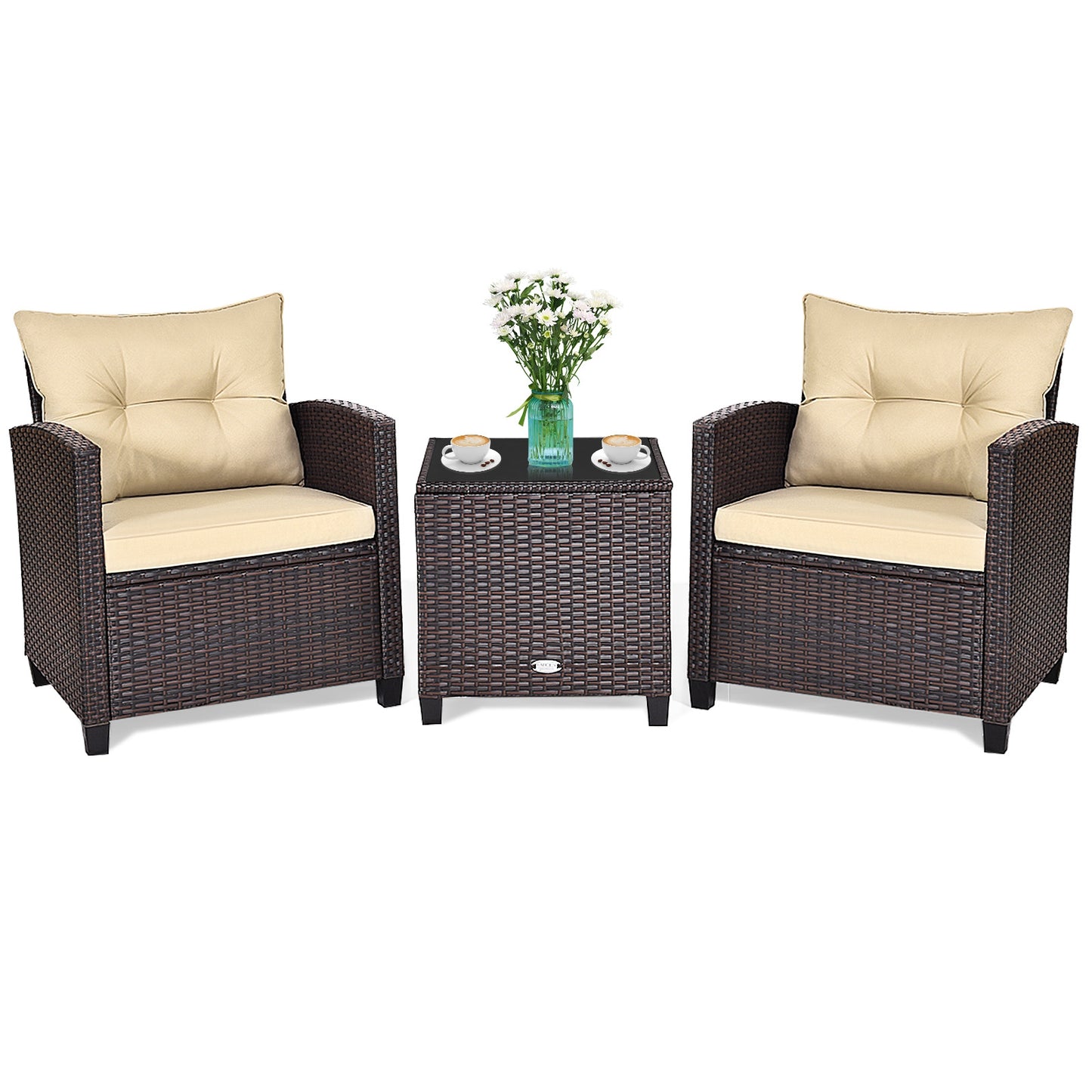 3 Piece Patio Rattan Furniture Set, 4 Removable Cushions, Beige