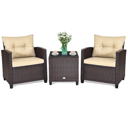 3 Piece Patio Rattan Furniture Set, 4 Removable Cushions, Beige
