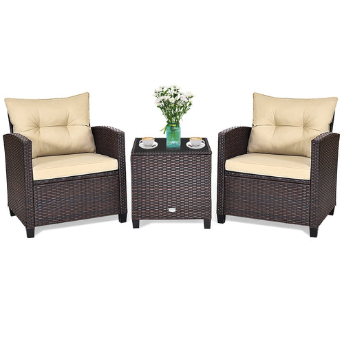 3 Piece Patio Rattan Furniture Set, 4 Removable Cushions, Beige