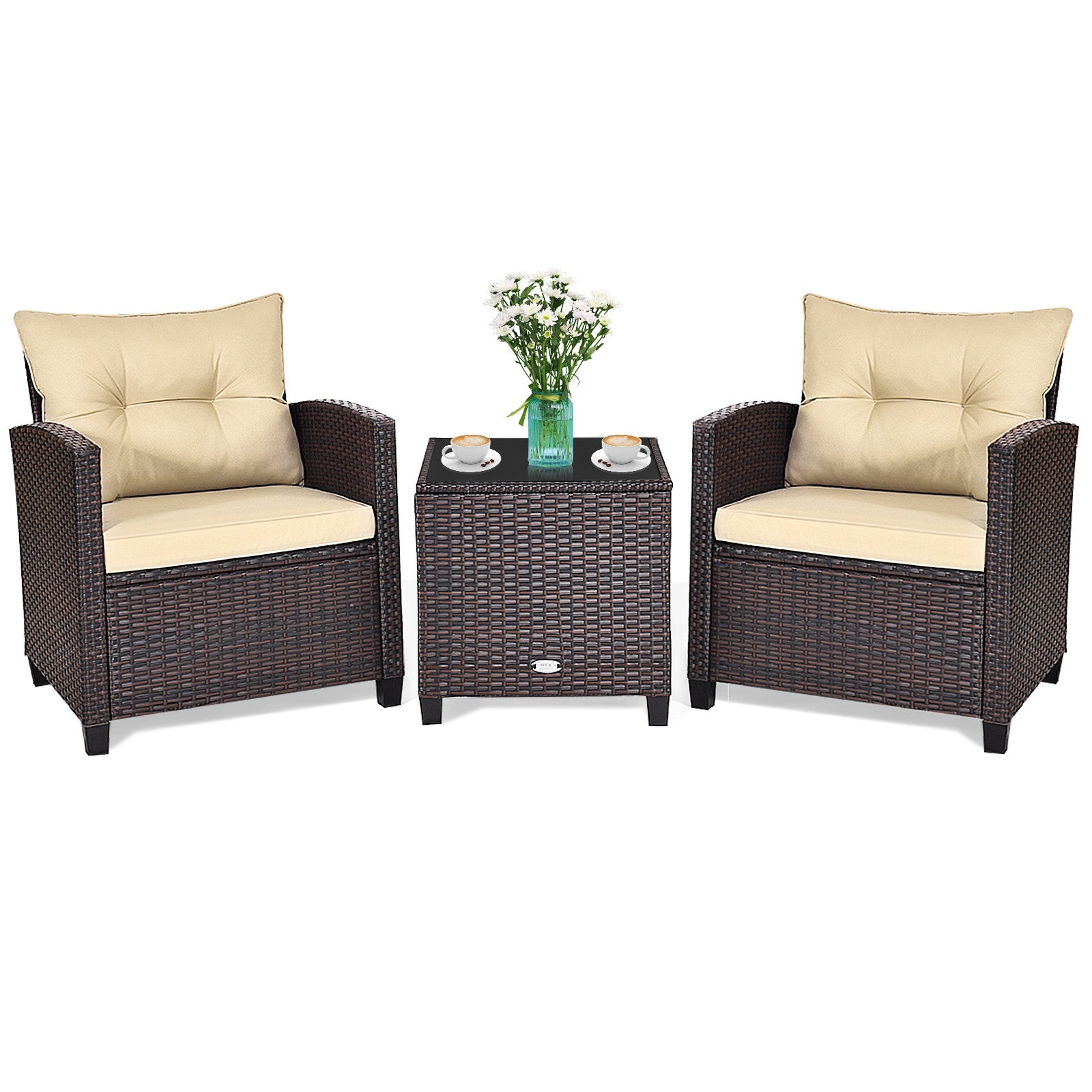 3 Piece Patio Rattan Furniture Set, 4 Removable Cushions, Beige Patio Conversation Sets at Gallery Canada