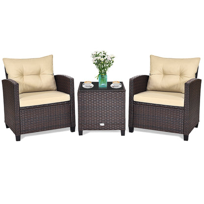 3 Piece Patio Rattan Furniture Set, 4 Removable Cushions, Beige