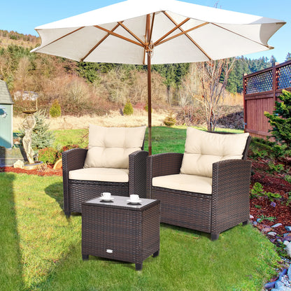 3 Piece Patio Rattan Furniture Set, 4 Removable Cushions, Beige