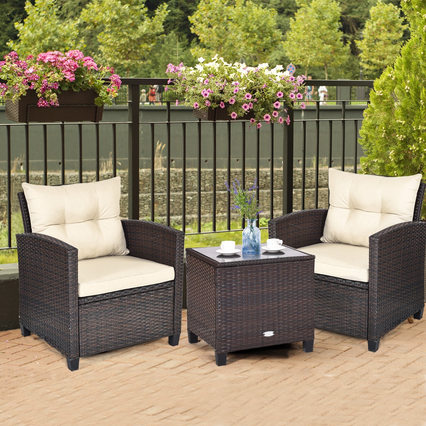 3 Piece Patio Rattan Furniture Set, 4 Removable Cushions, Beige
