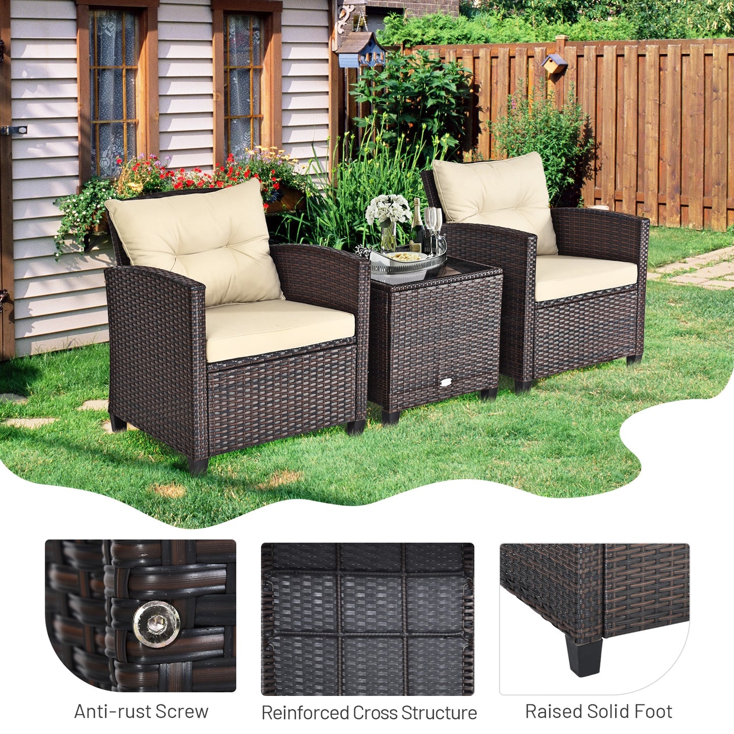 3 Piece Patio Rattan Furniture Set, 4 Removable Cushions, Beige