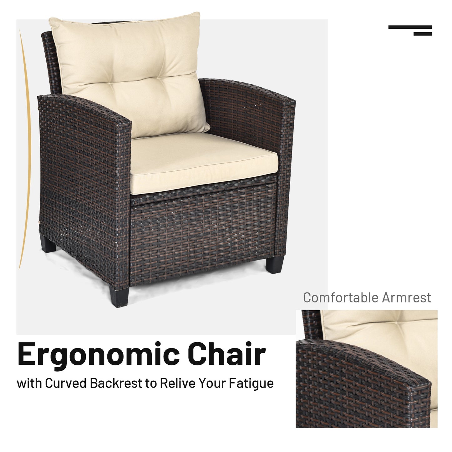 3 Piece Patio Rattan Furniture Set, 4 Removable Cushions, Beige