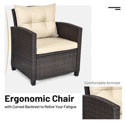 3 Piece Patio Rattan Furniture Set, 4 Removable Cushions, Beige