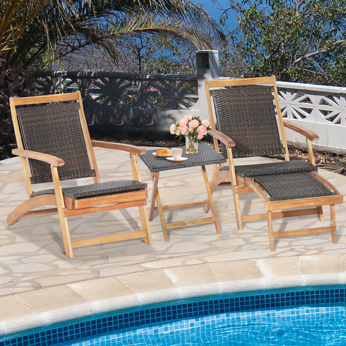 Rattan Folding Lounge Chair Set, 2 Chairs With Acacia Wood Table, Brown Outdoor Chaise Lounges at Gallery Canada