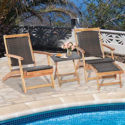 Rattan Folding Lounge Chair Set, 2 Chairs With Acacia Wood Table, Brown Outdoor Chaise Lounges at Gallery Canada