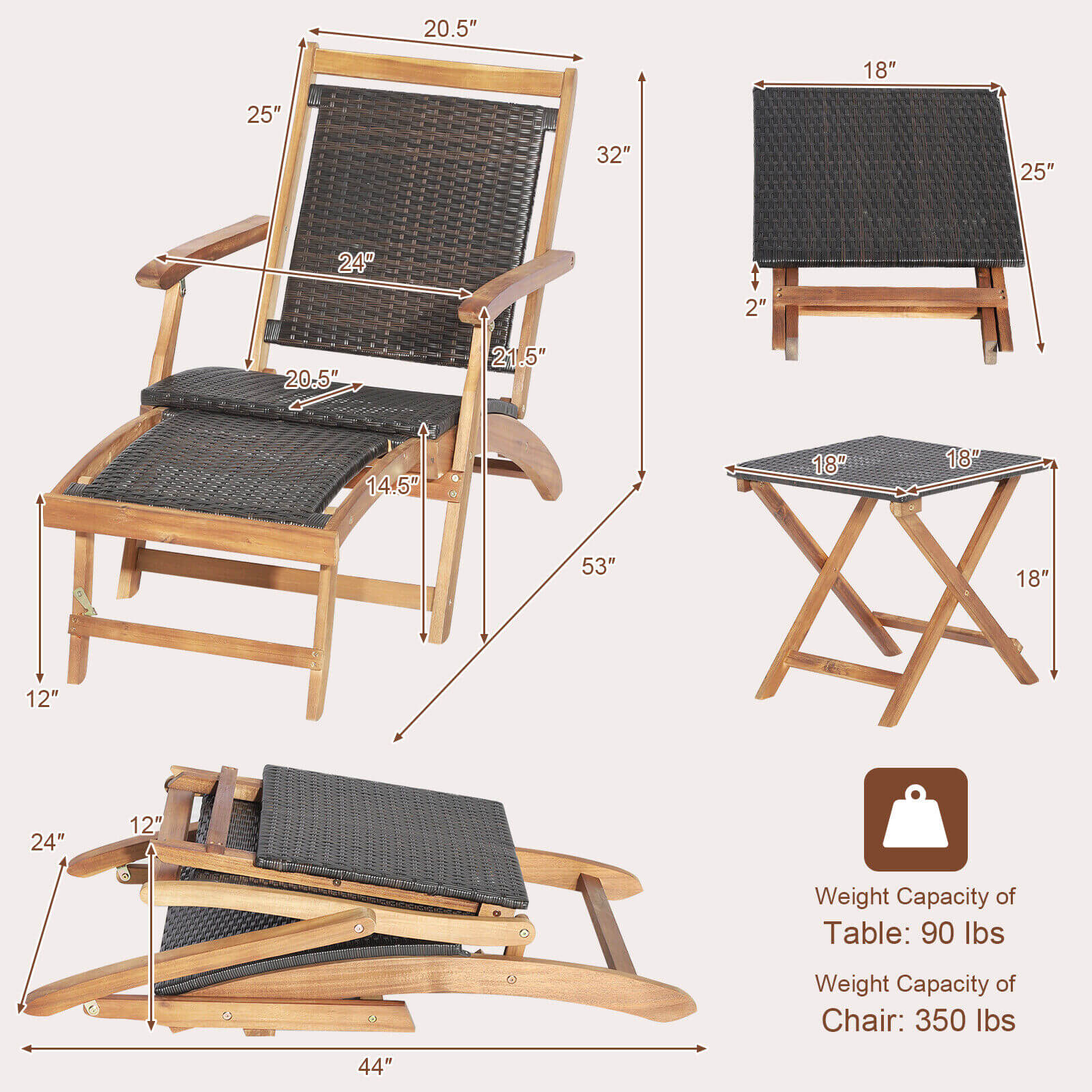 Rattan Folding Lounge Chair Set, 2 Chairs With Acacia Wood Table, Brown Outdoor Chaise Lounges at Gallery Canada
