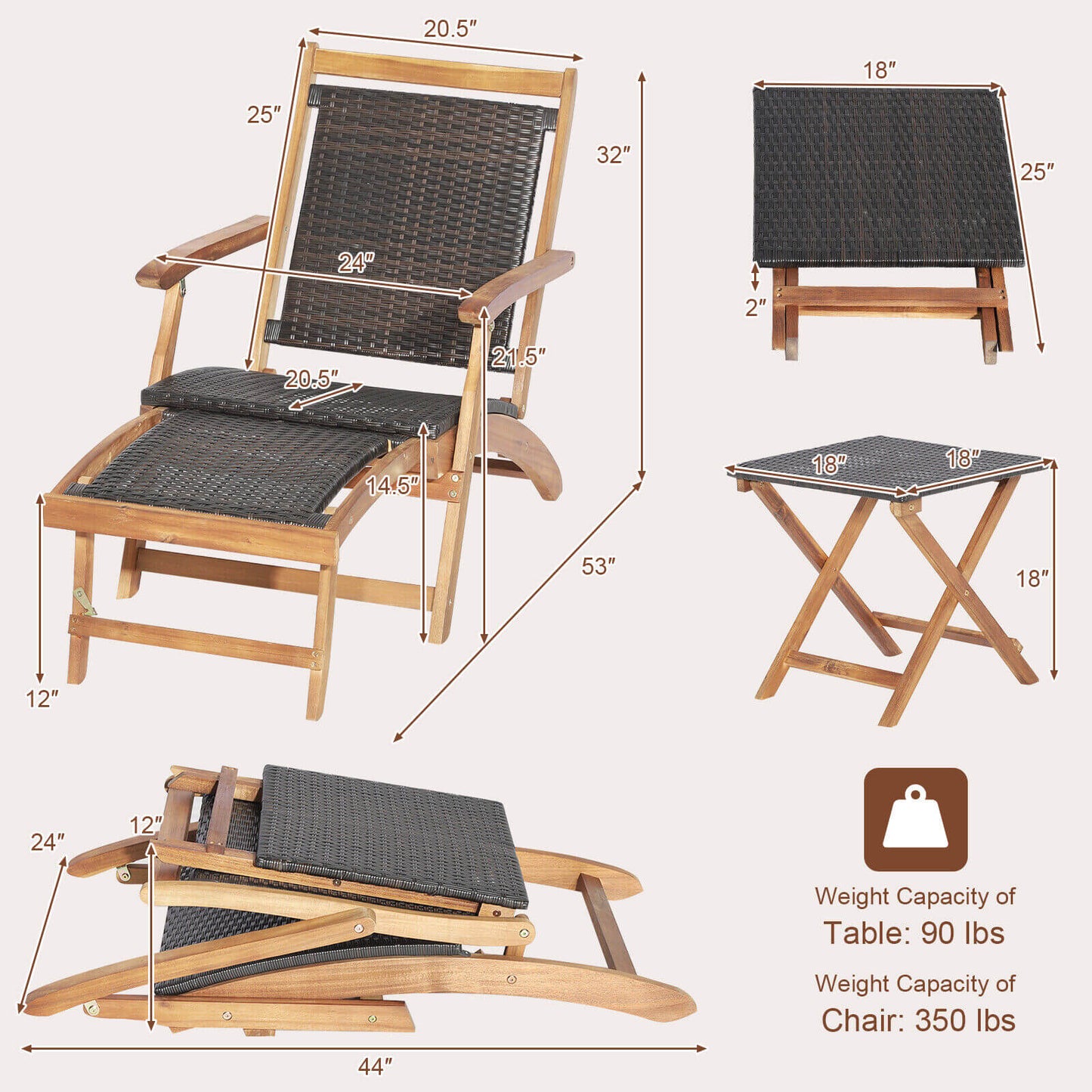 Rattan Folding Lounge Chair Set, 2 Chairs With Acacia Wood Table, Brown Outdoor Chaise Lounges at Gallery Canada