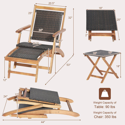 Rattan Folding Lounge Chair Set, 2 Chairs With Acacia Wood Table, Brown Outdoor Chaise Lounges at Gallery Canada