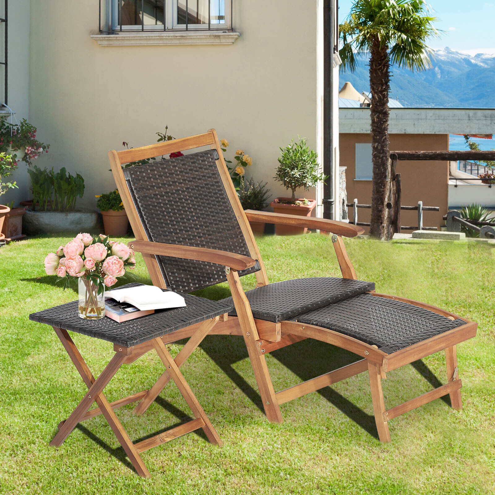Rattan Folding Lounge Chair Set, 2 Chairs With Acacia Wood Table, Brown Outdoor Chaise Lounges at Gallery Canada