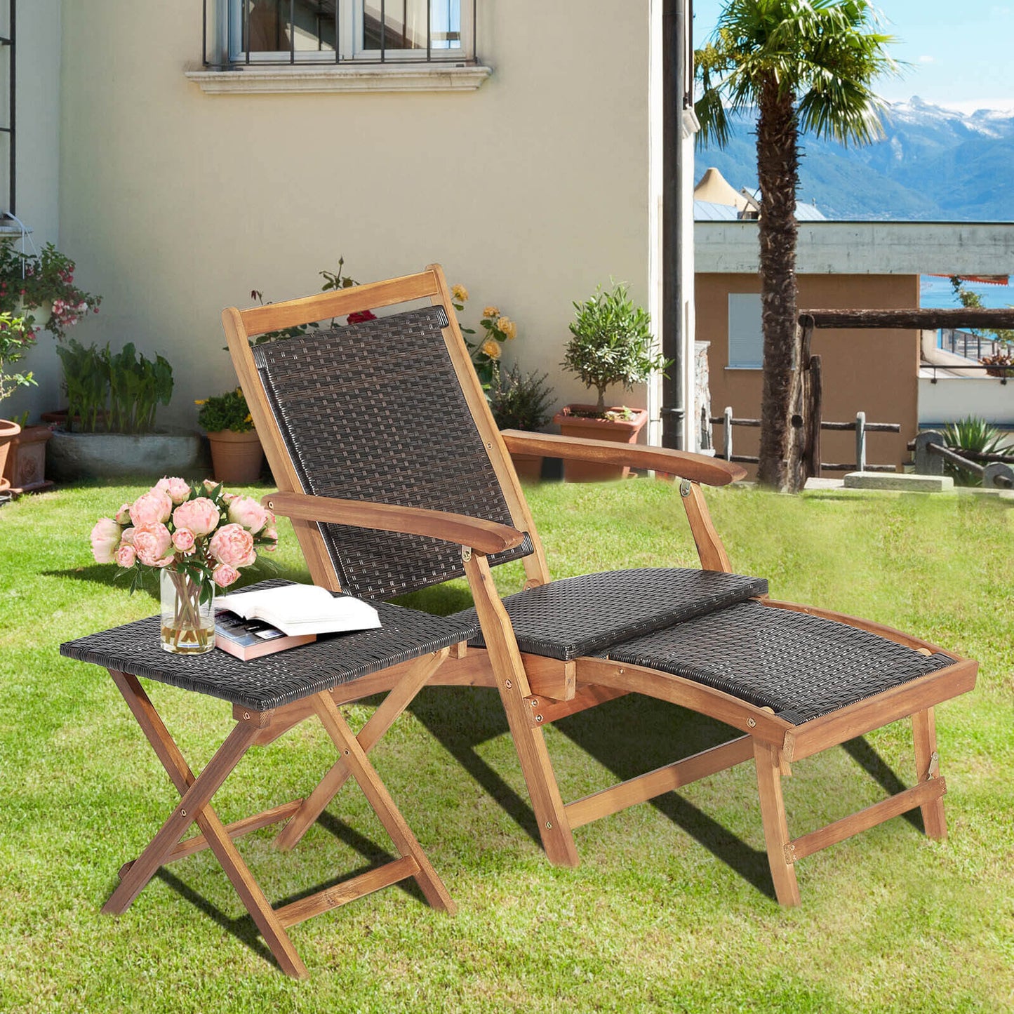 Rattan Folding Lounge Chair Set, 2 Chairs With Acacia Wood Table, Brown Outdoor Chaise Lounges at Gallery Canada