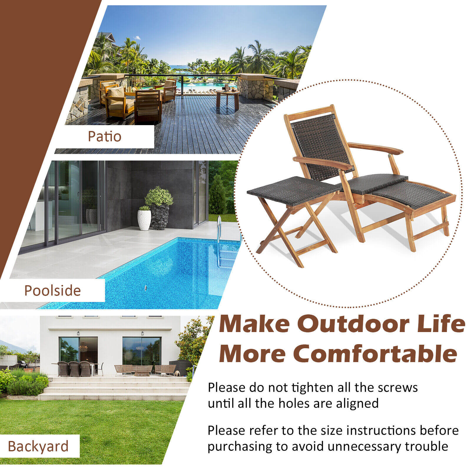 Rattan Folding Lounge Chair Set, 2 Chairs With Acacia Wood Table, Brown Outdoor Chaise Lounges at Gallery Canada