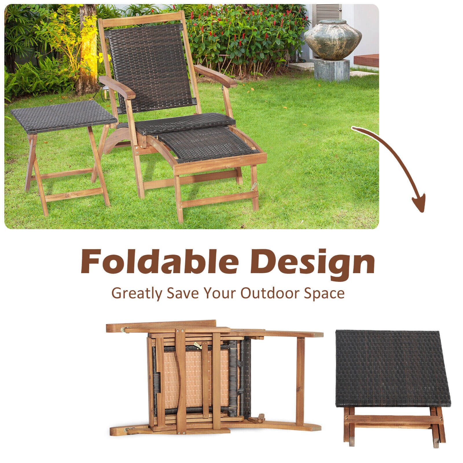 Rattan Folding Lounge Chair Set, 2 Chairs With Acacia Wood Table, Brown Outdoor Chaise Lounges at Gallery Canada