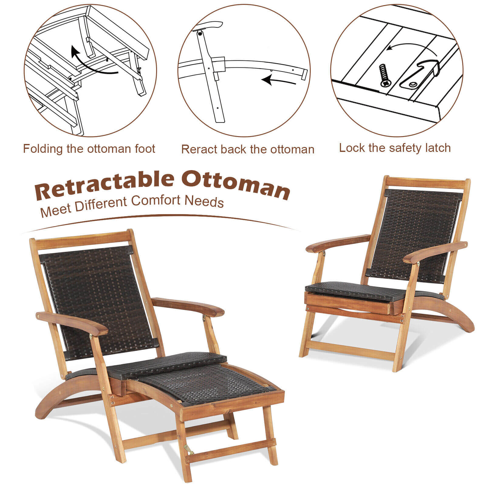 Rattan Folding Lounge Chair Set, 2 Chairs With Acacia Wood Table, Brown Outdoor Chaise Lounges at Gallery Canada