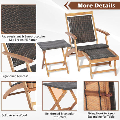 Rattan Folding Lounge Chair Set, 2 Chairs With Acacia Wood Table, Brown Outdoor Chaise Lounges at Gallery Canada