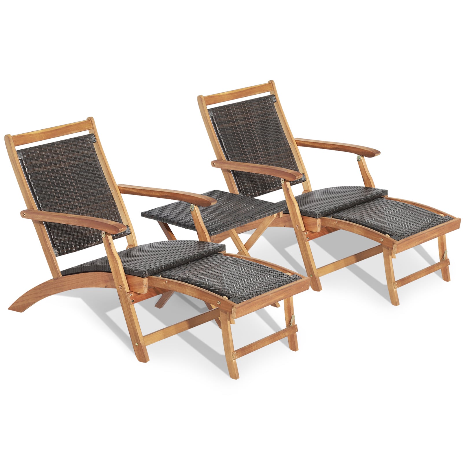 Rattan Folding Lounge Chair Set, 2 Chairs With Acacia Wood Table, Brown Outdoor Chaise Lounges Brown at Gallery Canada