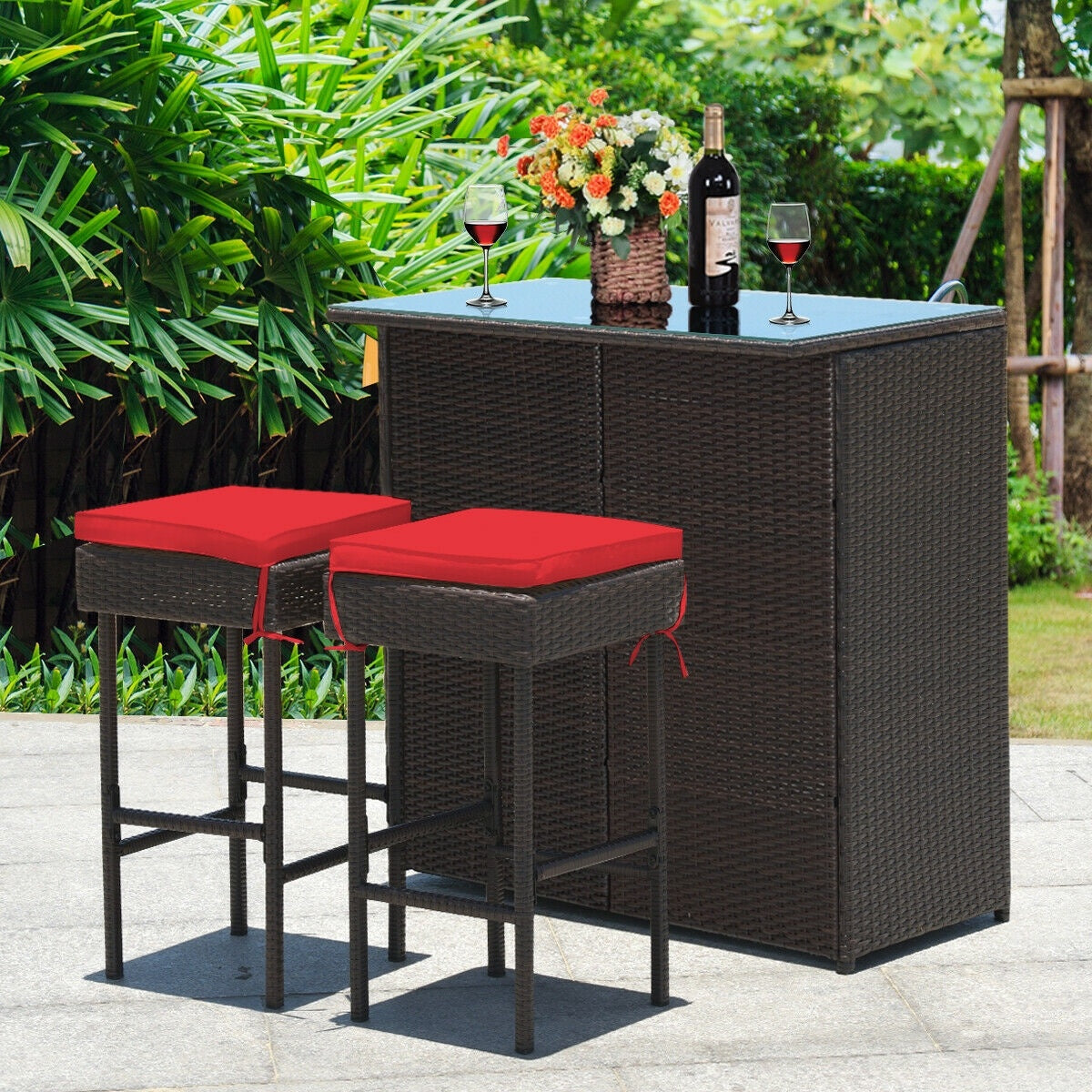 3 Piece Rattan Bar Table Stools Set, Red Patio Bar Furniture at Gallery Canada