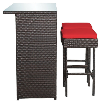 3 Piece Rattan Bar Table Stools Set, Red Patio Bar Furniture at Gallery Canada
