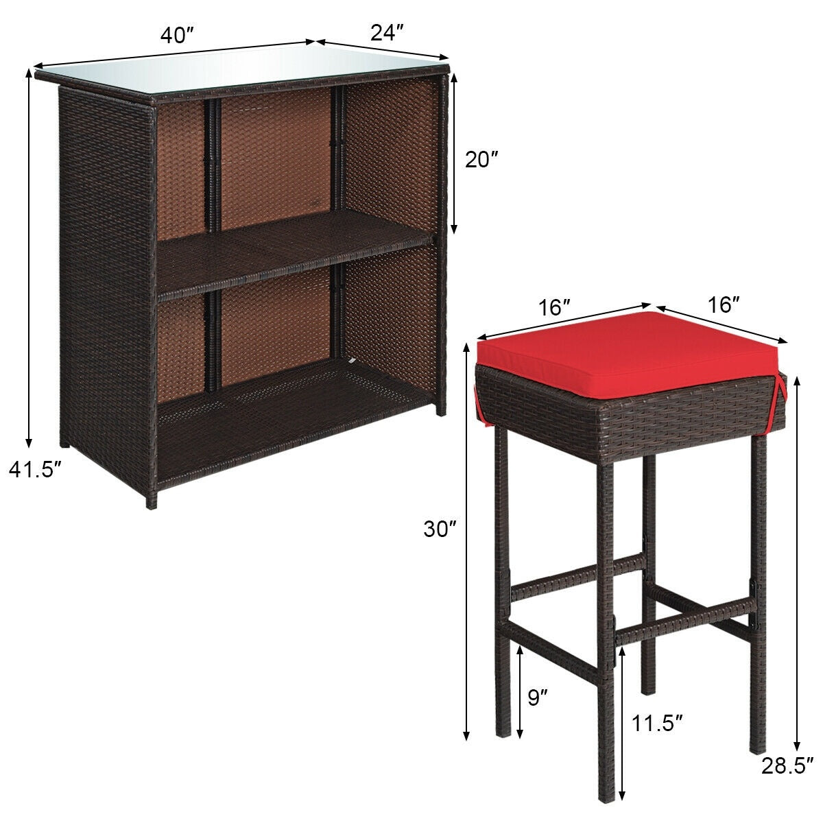 3 Piece Rattan Bar Table Stools Set, Red Patio Bar Furniture at Gallery Canada