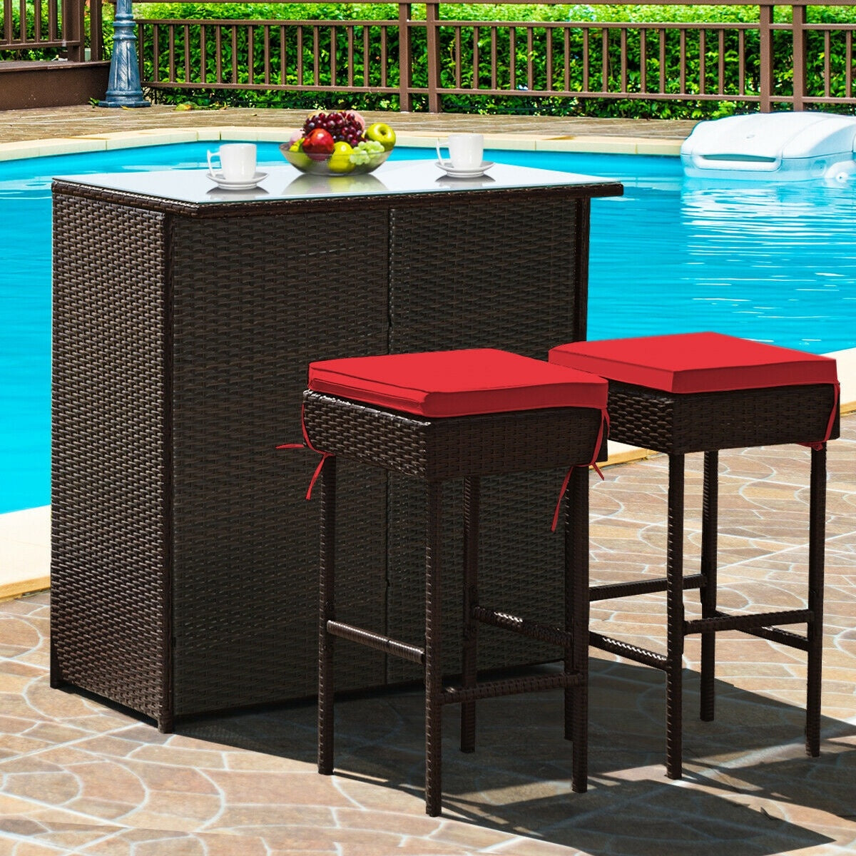 3 Piece Rattan Bar Table Stools Set, Red Patio Bar Furniture at Gallery Canada