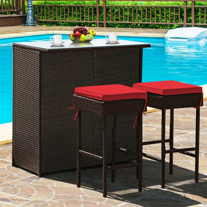 3 Piece Rattan Bar Table Stools Set, Red Patio Bar Furniture at Gallery Canada