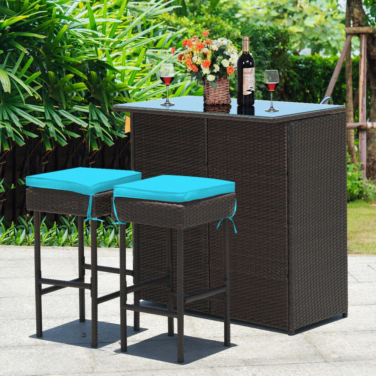 3-Piece Patio Rattan Bar Table Stools Set, Turquoise Patio Bar Furniture at Gallery Canada