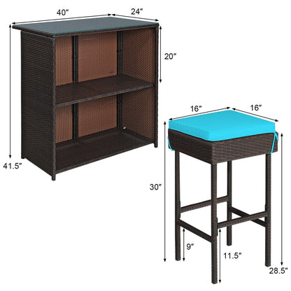 3-Piece Patio Rattan Bar Table Stools Set, Turquoise Patio Bar Furniture at Gallery Canada