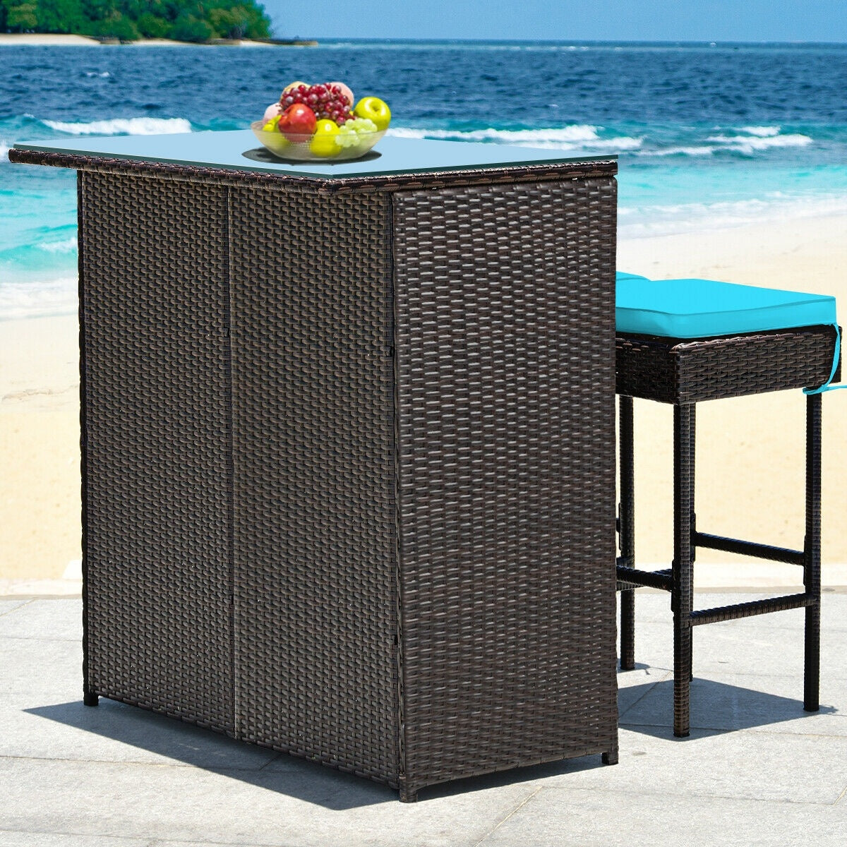 3-Piece Patio Rattan Bar Table Stools Set, Turquoise Patio Bar Furniture at Gallery Canada