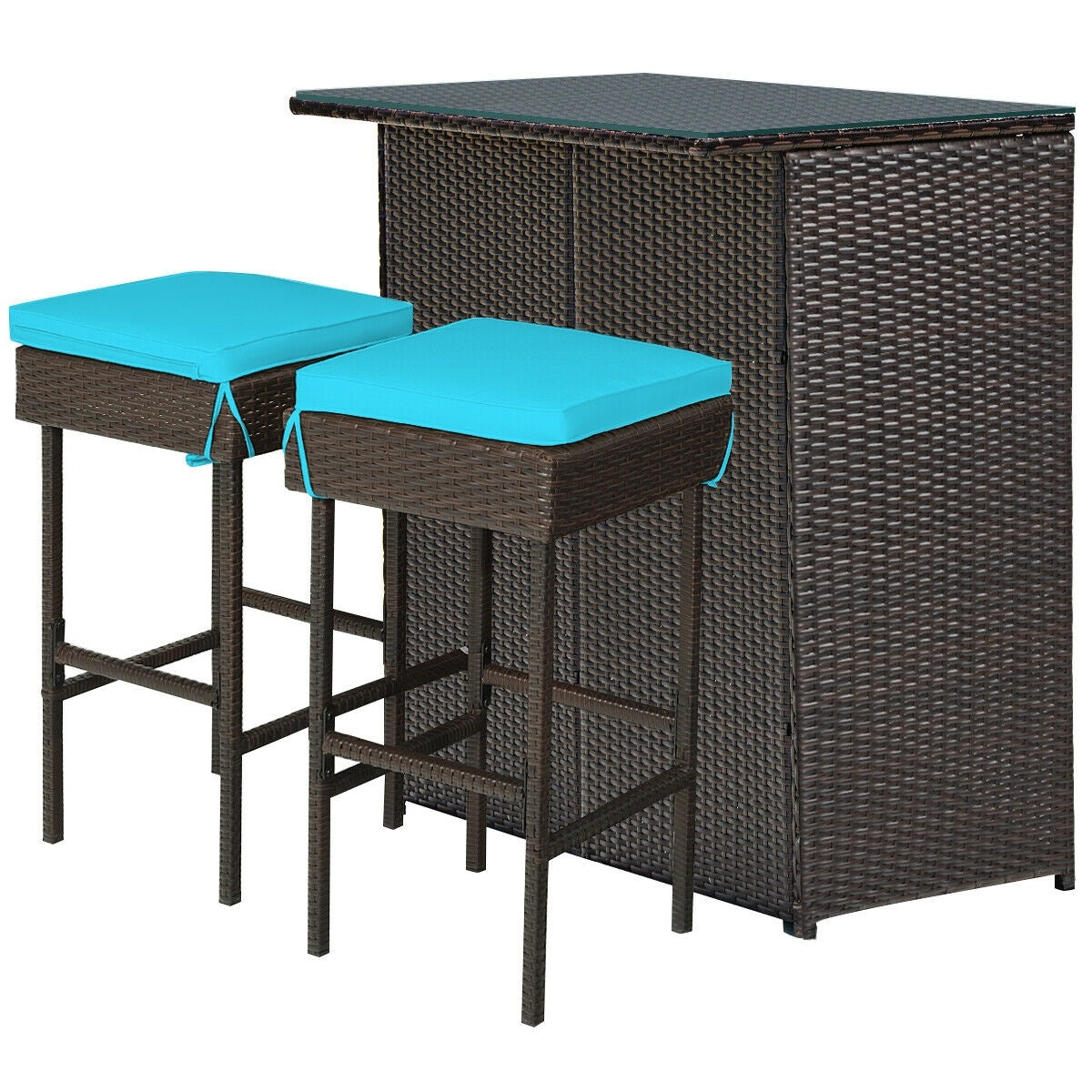 3-Piece Patio Rattan Bar Table Stools Set, Turquoise Patio Bar Furniture at Gallery Canada