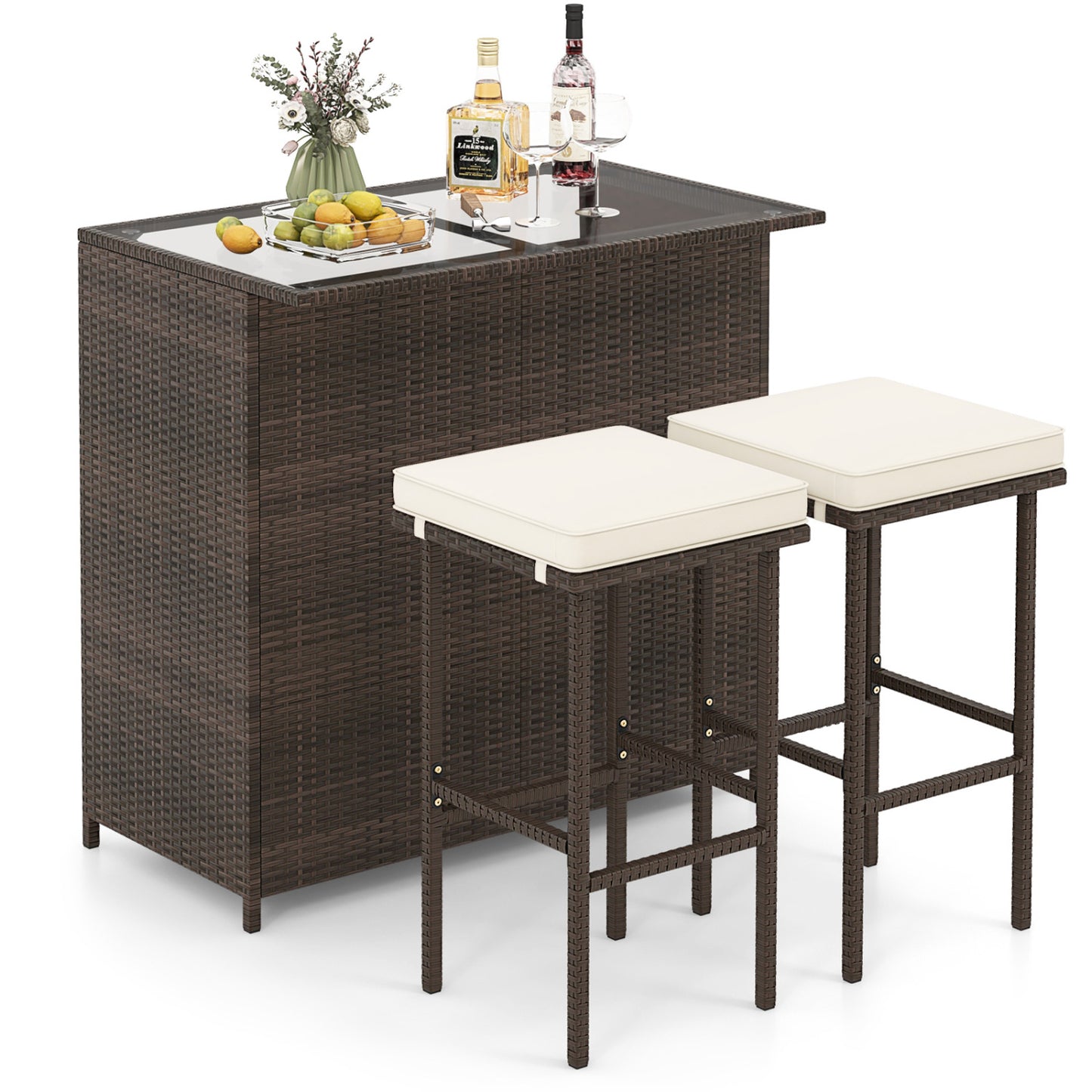 Patio Rattan Bar Table Stools Dining Set, 3 Pieces, Beige Patio Bar Furniture Beige at Gallery Canada
