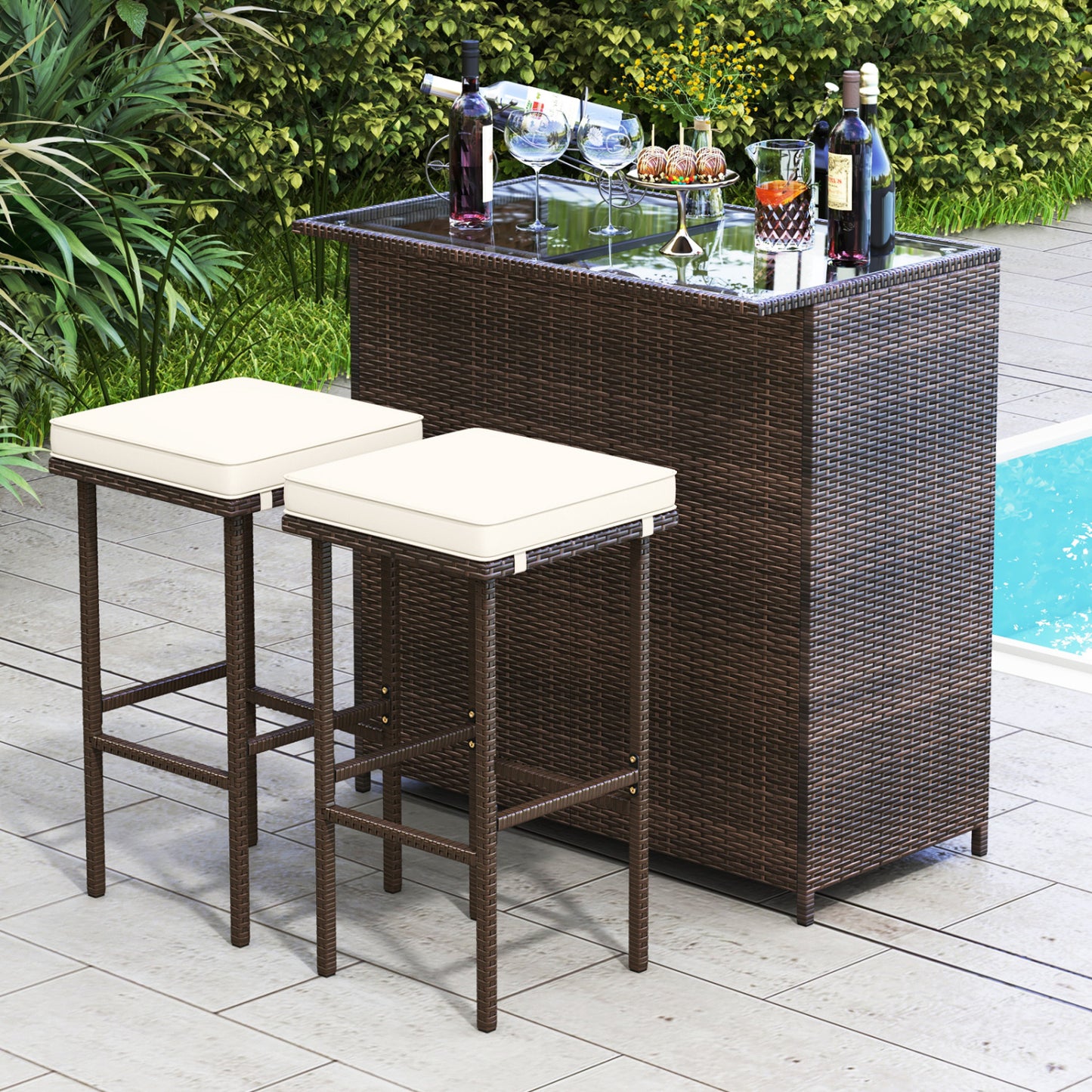 Patio Rattan Bar Table Stools Dining Set, 3 Pieces, Beige Patio Bar Furniture at Gallery Canada