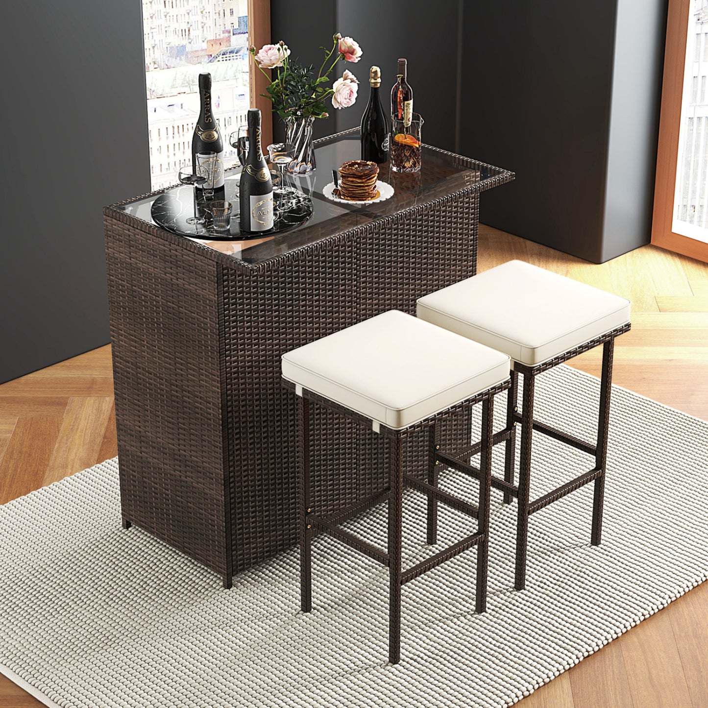Patio Rattan Bar Table Stools Dining Set, 3 Pieces, Beige Patio Bar Furniture at Gallery Canada
