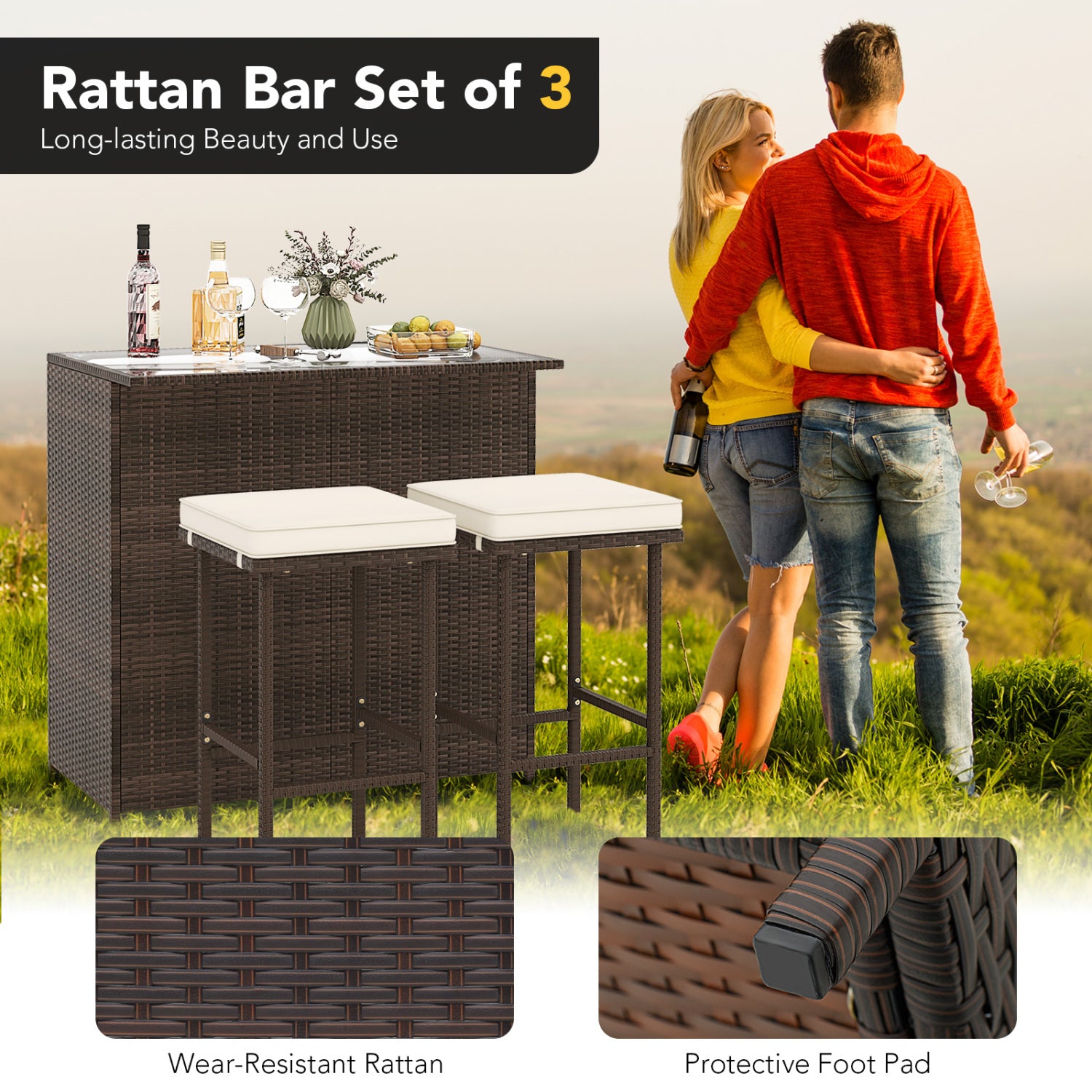 Patio Rattan Bar Table Stools Dining Set, 3 Pieces, Beige Patio Bar Furniture at Gallery Canada