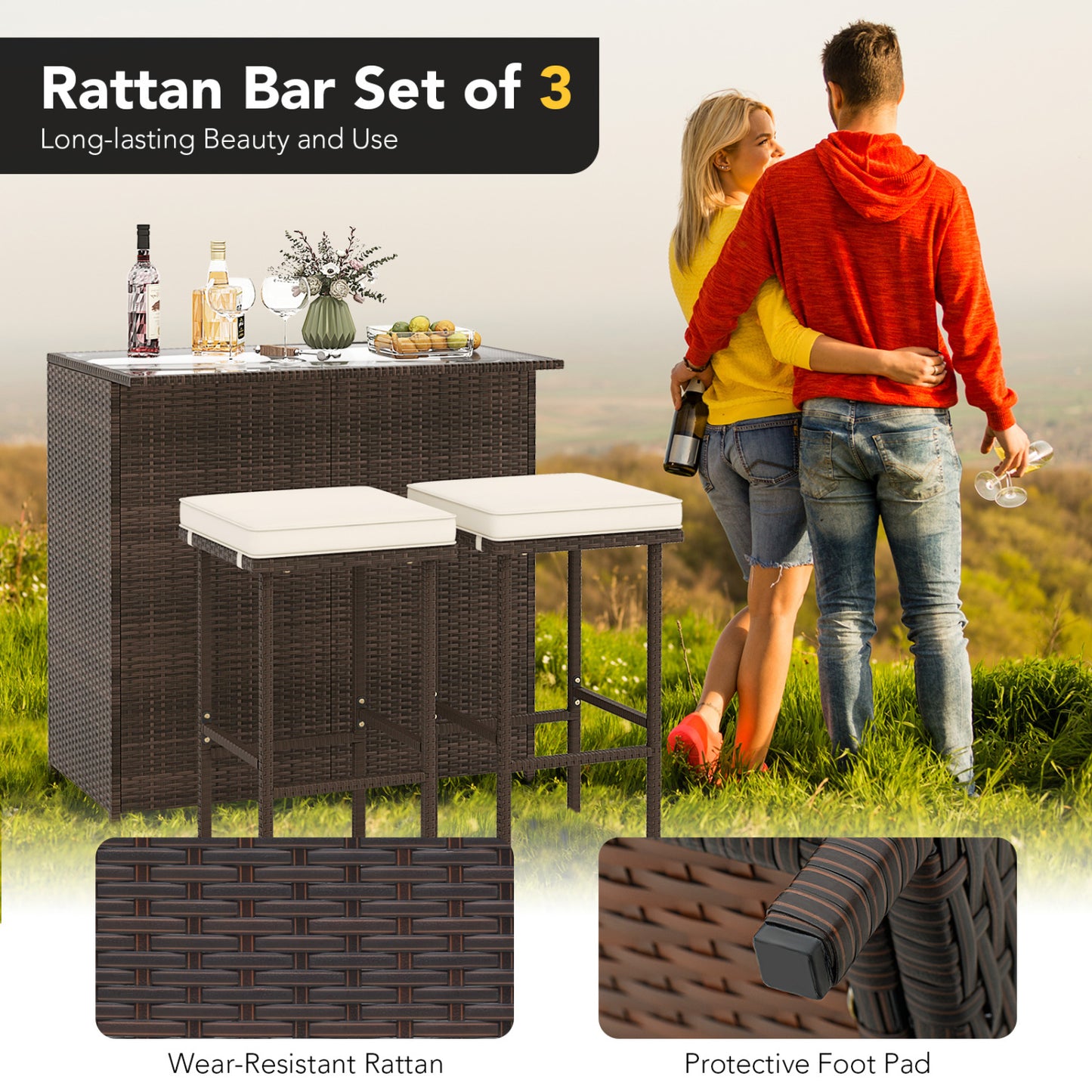 Patio Rattan Bar Table Stools Dining Set, 3 Pieces, Beige Patio Bar Furniture at Gallery Canada