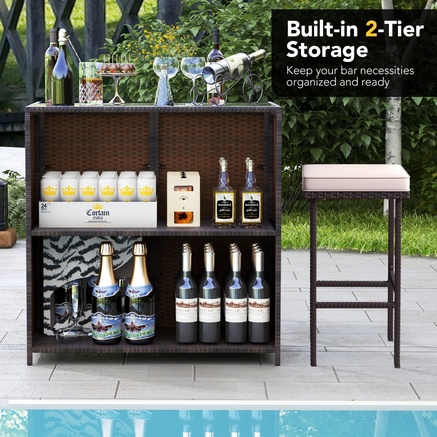 Patio Rattan Bar Table Stools Dining Set, 3 Pieces, Beige Patio Bar Furniture at Gallery Canada