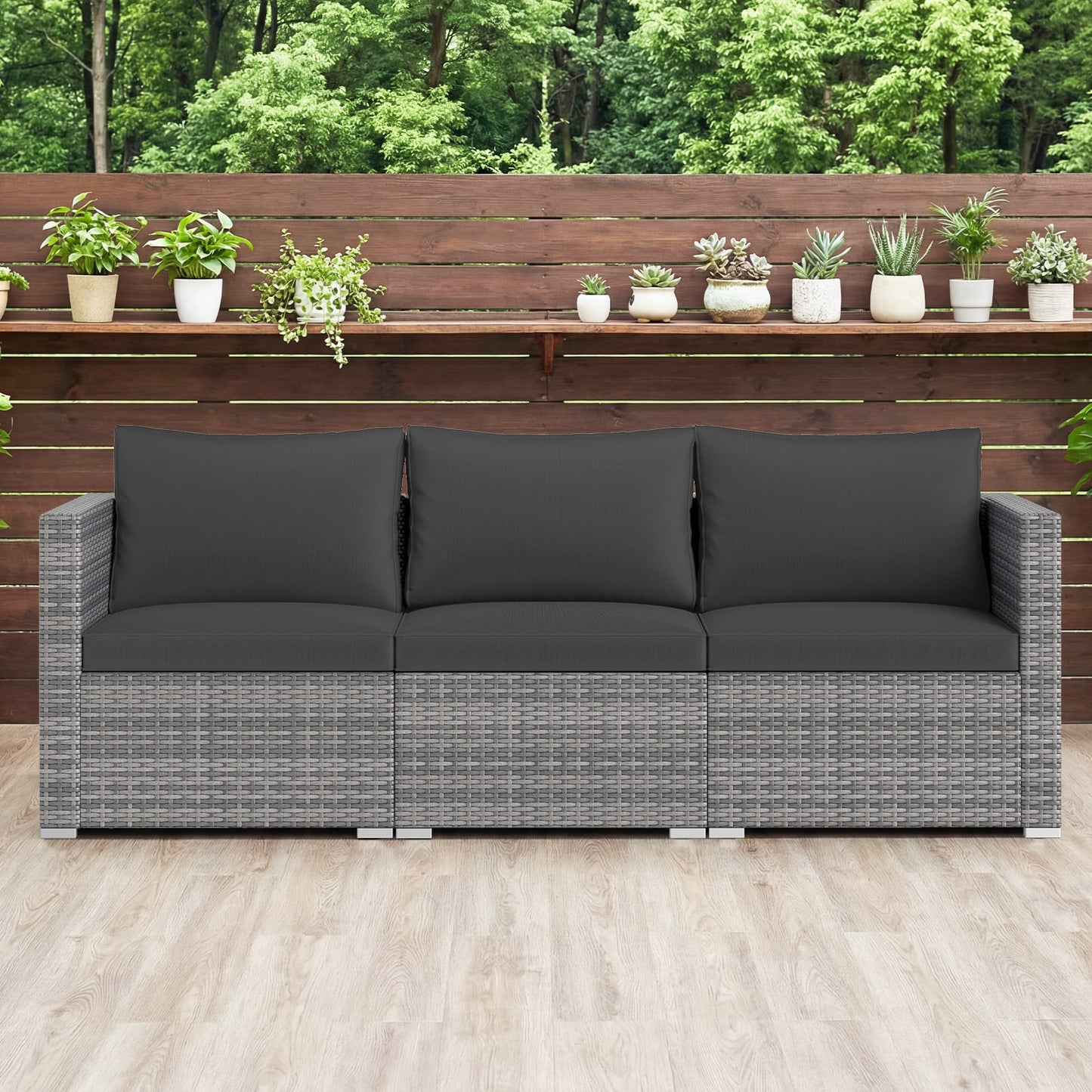 3 Pieces Patio Sectional Sofa Set PE Rattan Modular Couch Furniture Set with Soft Cushions, Black