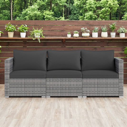 3 Pieces Patio Sectional Sofa Set PE Rattan Modular Couch Furniture Set with Soft Cushions, Black