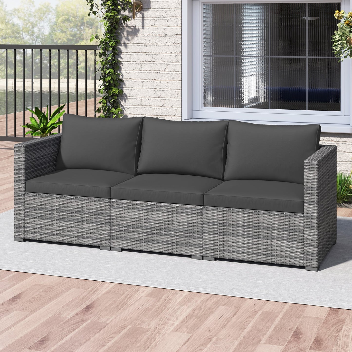 3 Pieces Patio Sectional Sofa Set PE Rattan Modular Couch Furniture Set with Soft Cushions, Black