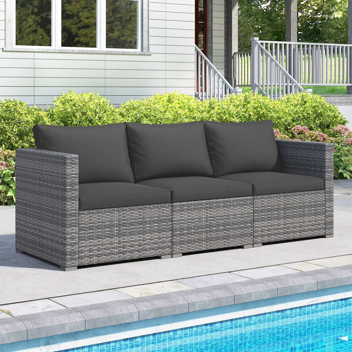 3 Pieces Patio Sectional Sofa Set PE Rattan Modular Couch Furniture Set with Soft Cushions, Black