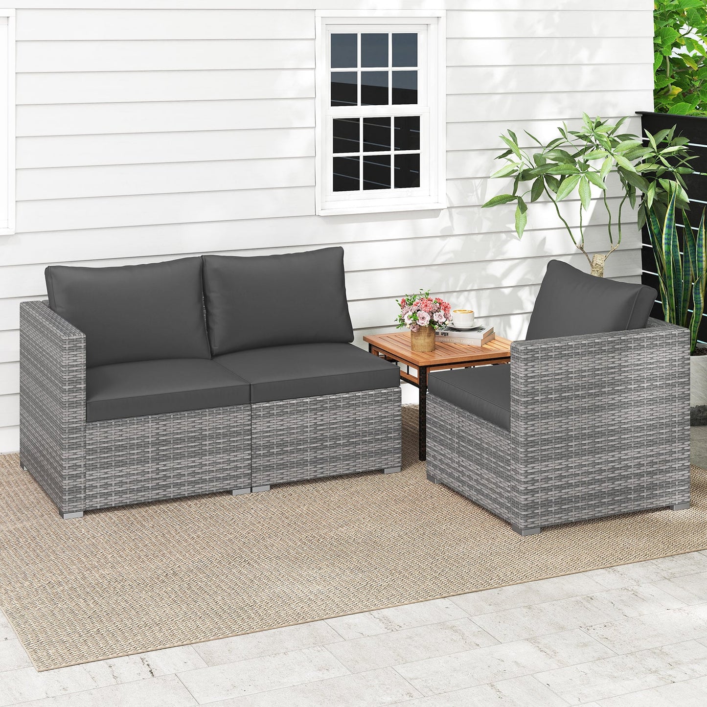 3 Pieces Patio Sectional Sofa Set PE Rattan Modular Couch Furniture Set with Soft Cushions, Black