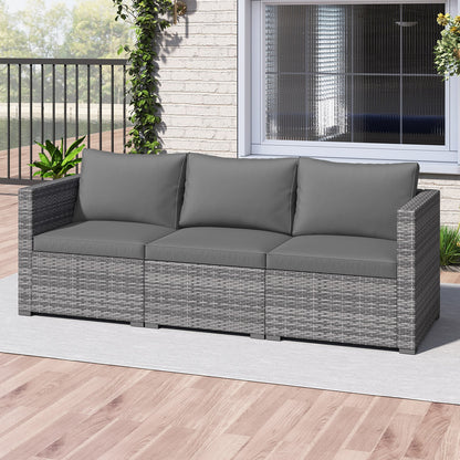 3 Pieces Patio Sectional Sofa Set PE Rattan Modular Couch Furniture Set with Soft Cushions, Gray