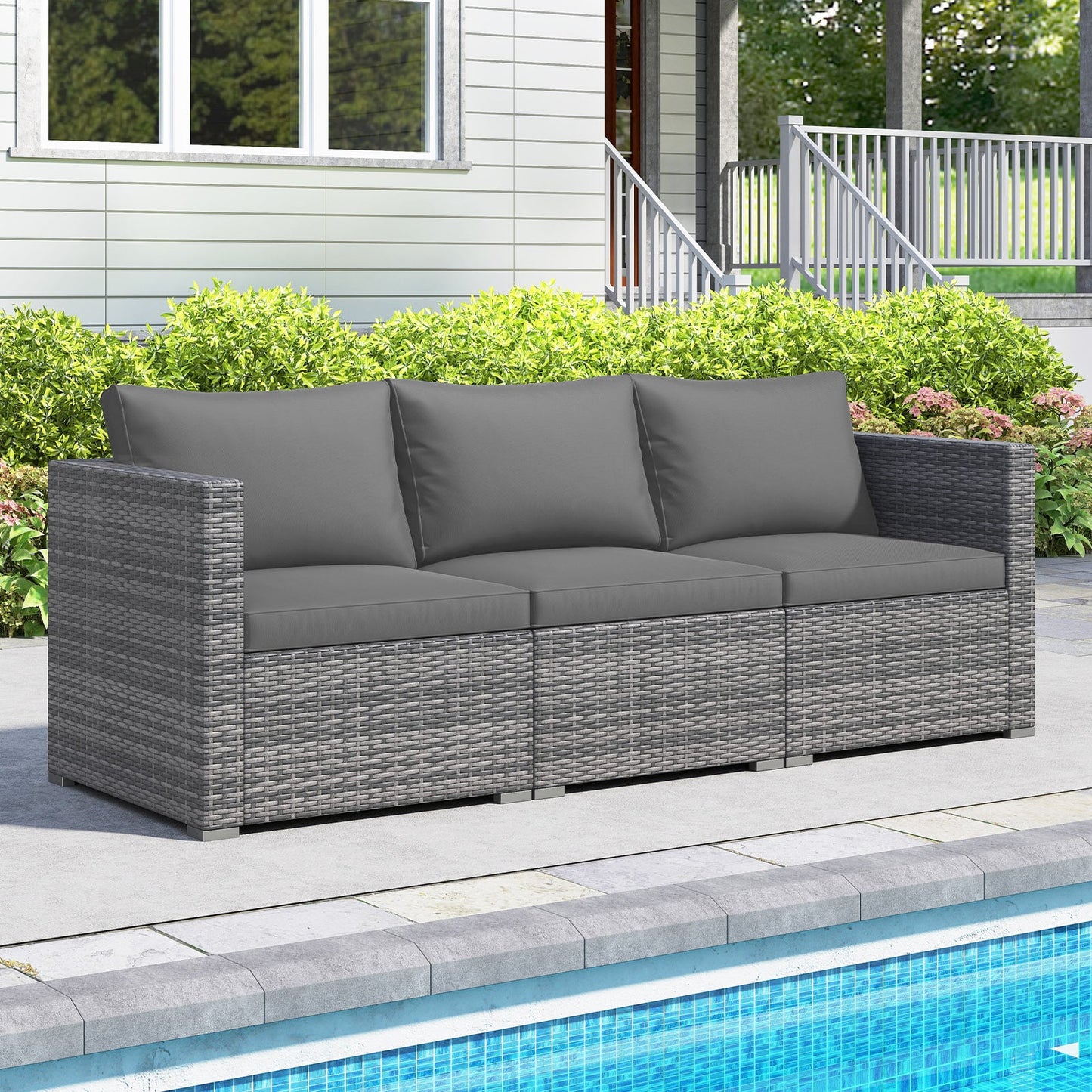3 Pieces Patio Sectional Sofa Set PE Rattan Modular Couch Furniture Set with Soft Cushions, Gray