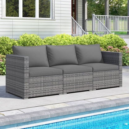 3 Pieces Patio Sectional Sofa Set PE Rattan Modular Couch Furniture Set with Soft Cushions, Gray